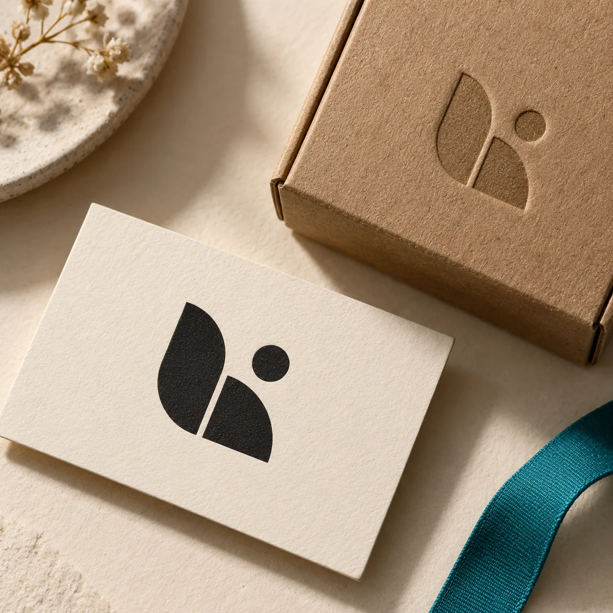 Geometric brand mark embossed on a business card and package