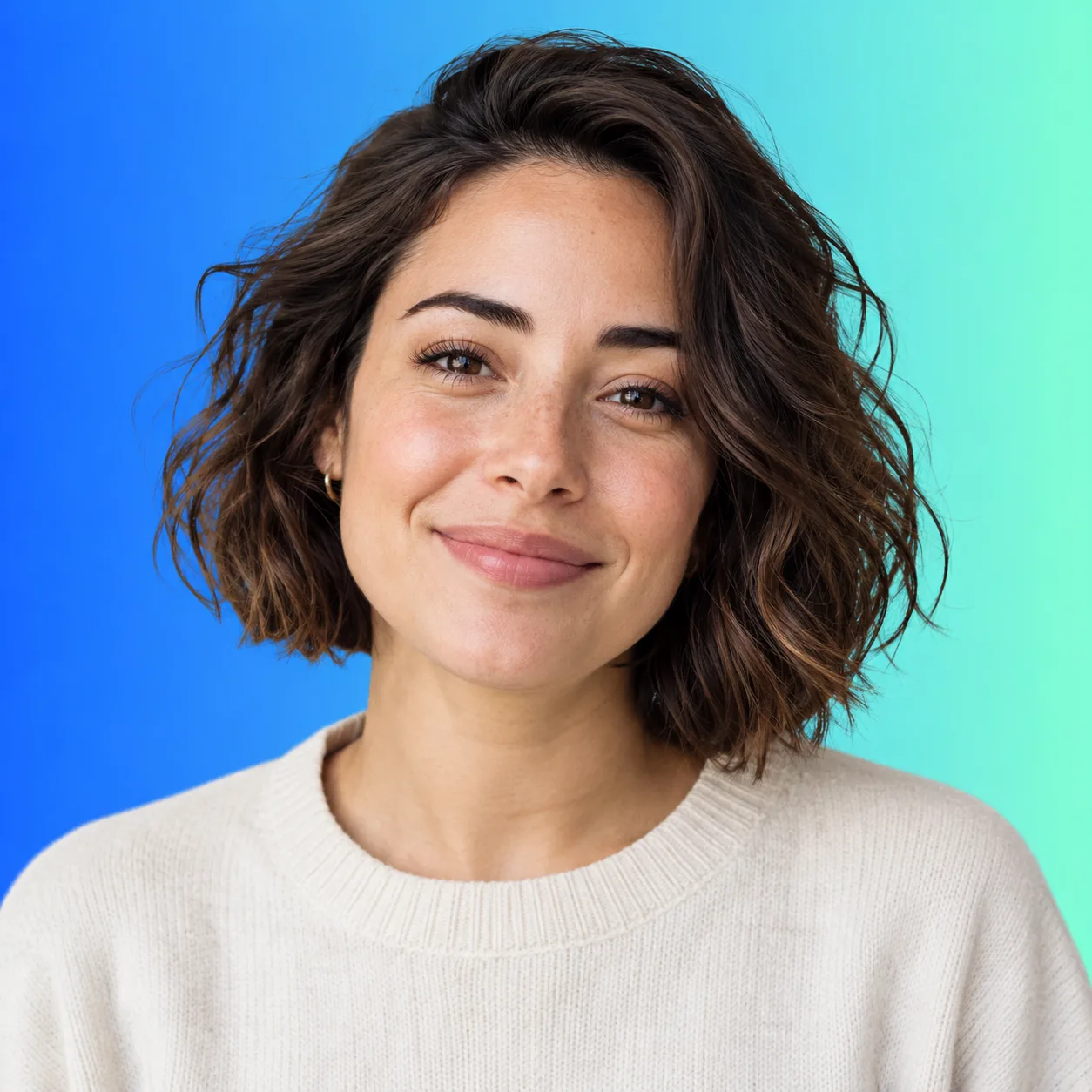 Friendly creative professional portrait on a bright gradient background